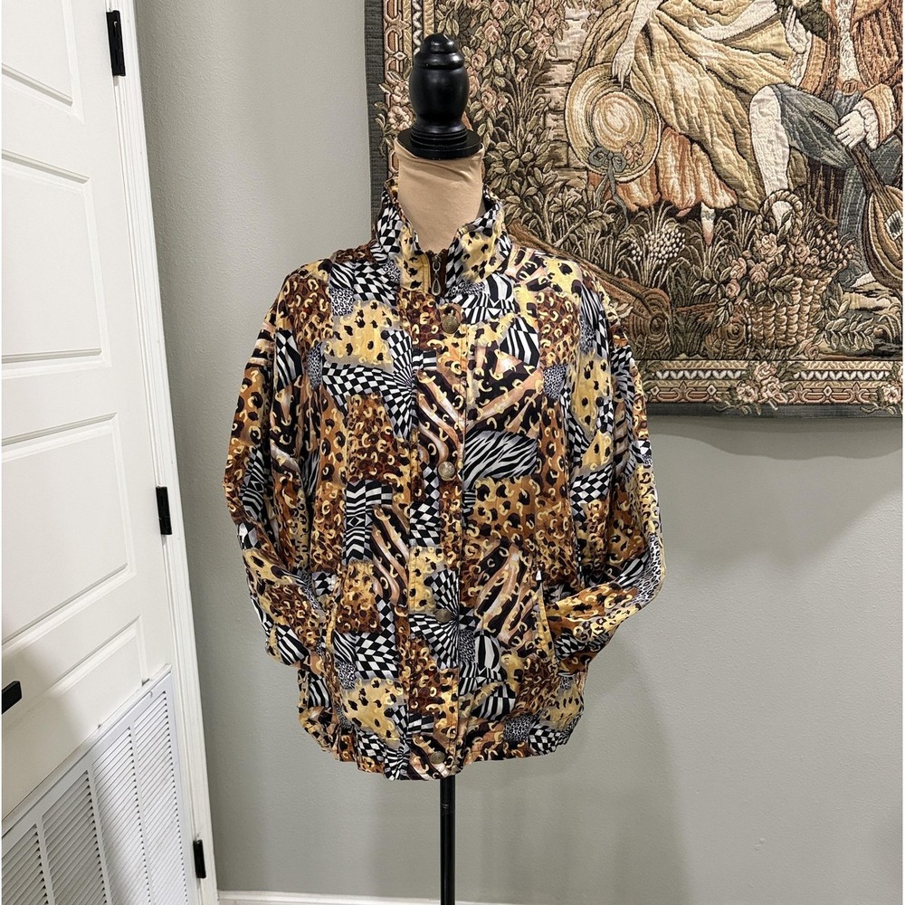 Mureli Jacket Womens Medium Multicolor Animal Print Quilted Silk Zip‎ Collared